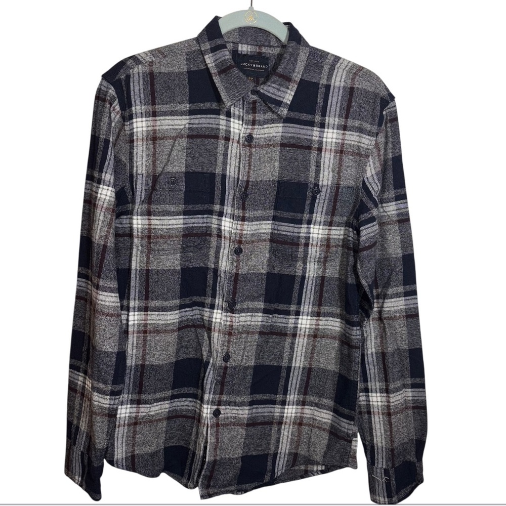 Lucky Brand Flannel Shirt Navy Plaid Long Sleeve Button Down Men’s Size Small